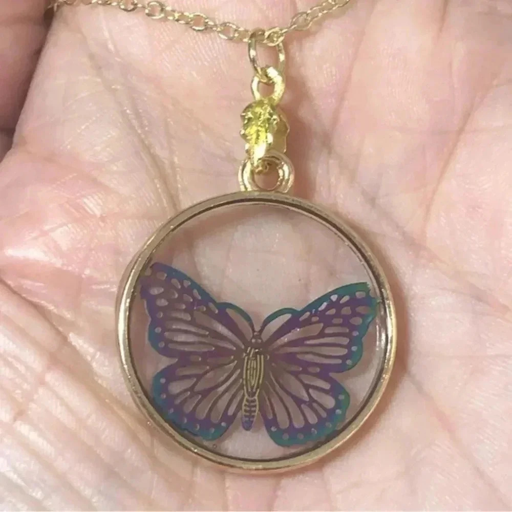 Handmade Oil Slick Filigree Multicolor Butterfly Coquette Gold Necklace New